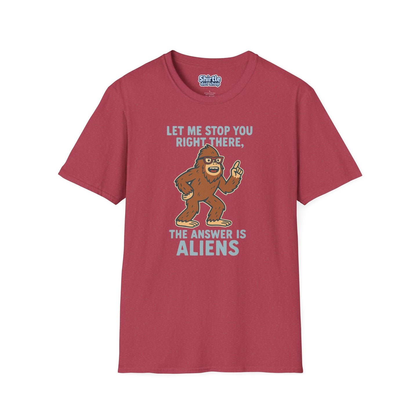 Bigfoot The Answer Is Aliens T-shirt*Flat*Heather Cardinal