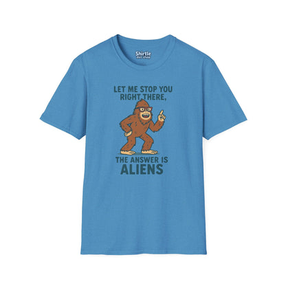 Bigfoot The Answer Is Aliens T-shirt*Flat*Heather Sapphire