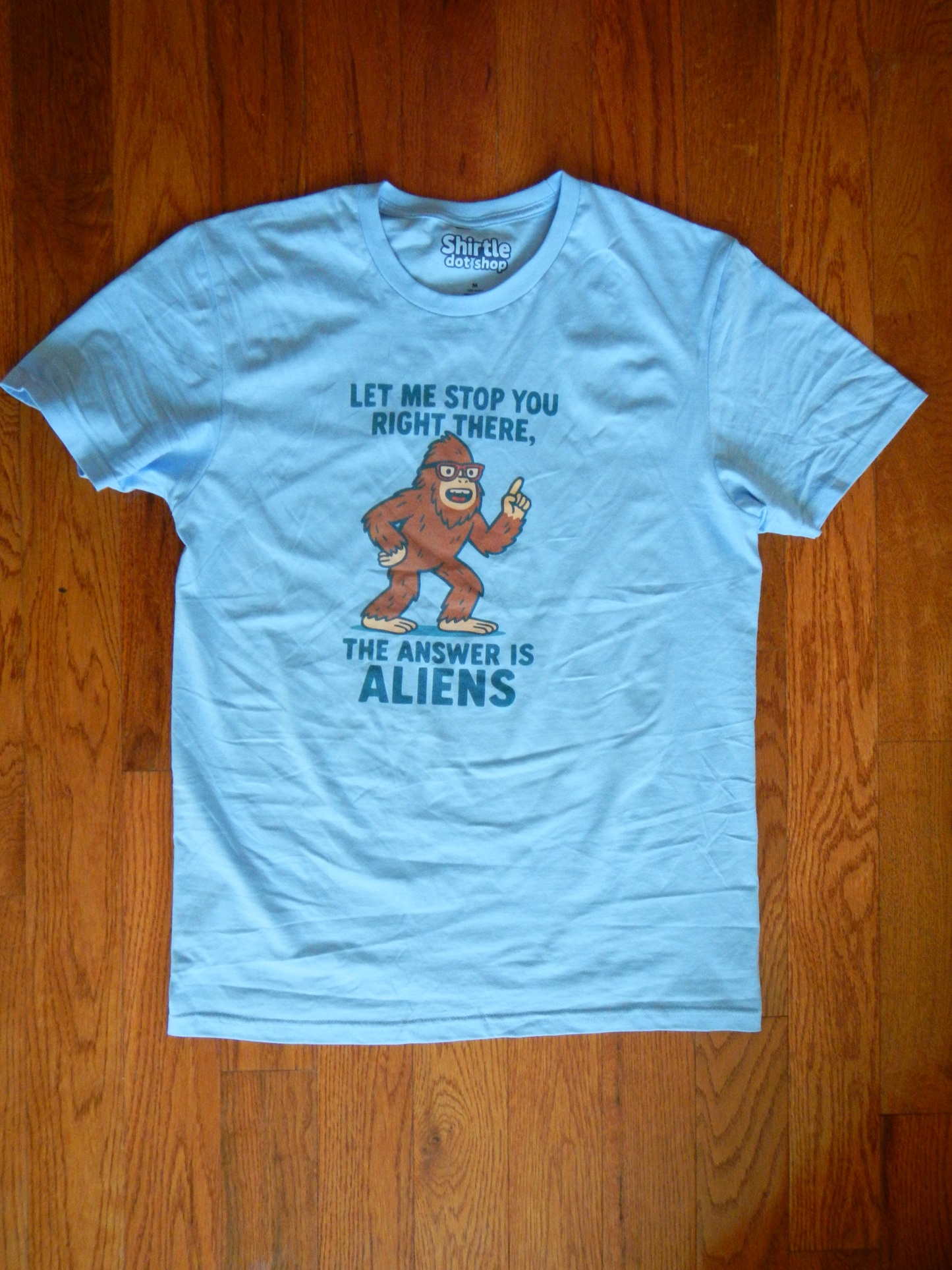 Bigfoot The Answer Is Aliens T-shirt*Flat*Light Blue
