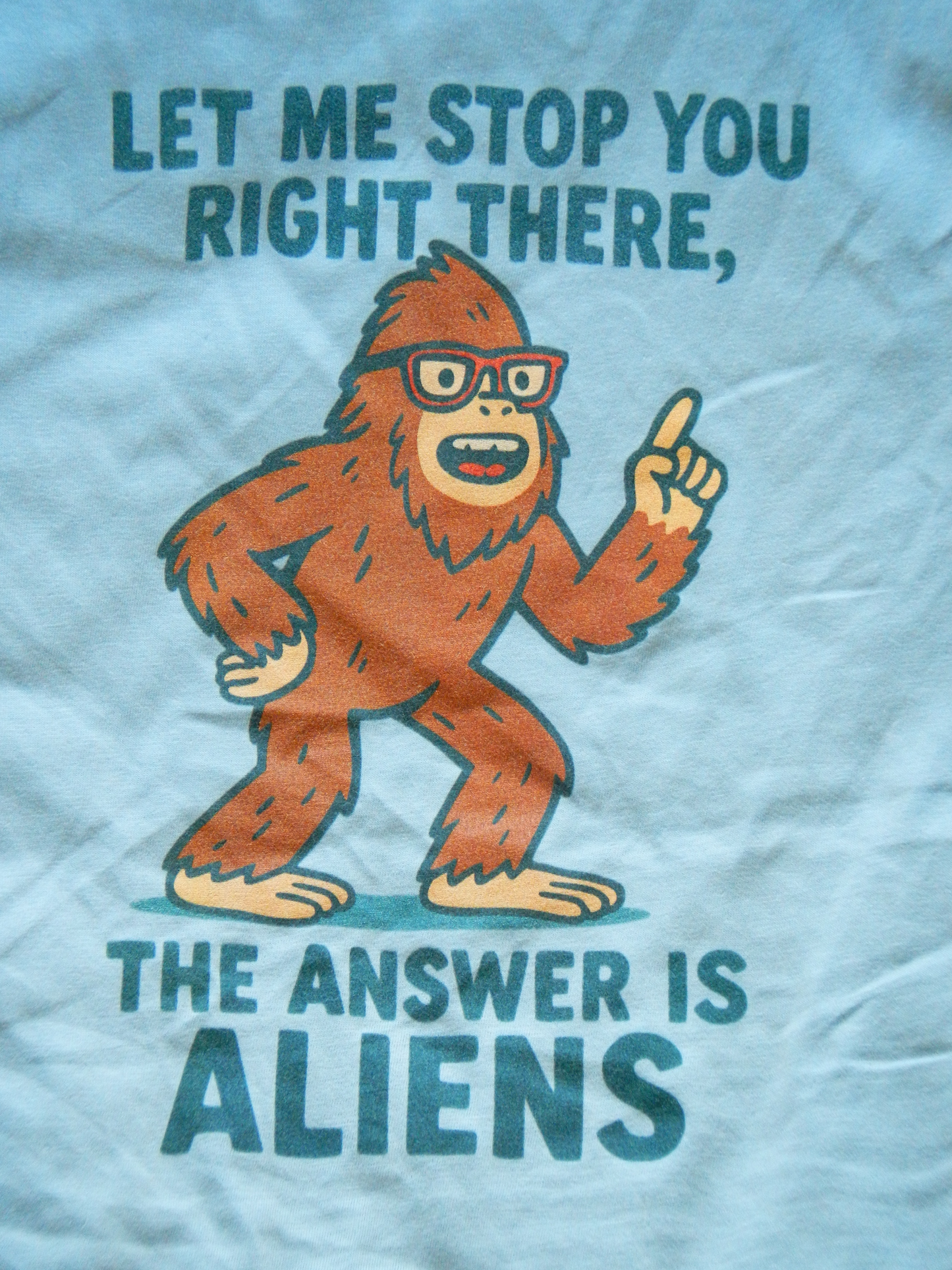 Bigfoot The Answer Is Aliens T-shirt*Flat*Light Blue